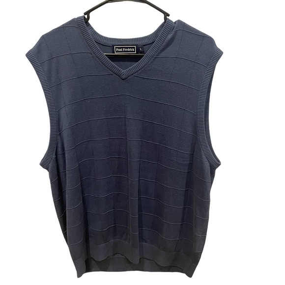Paul Fredrick Sweater Vest Mens Large Blue Windowpane Silk Sleeveless - Picture 1 of 9